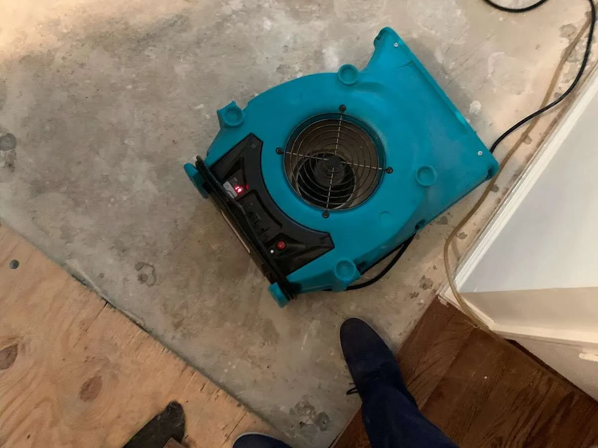 Air mover drying subfloor during Commercial Water Damage Restoration in Richton Park